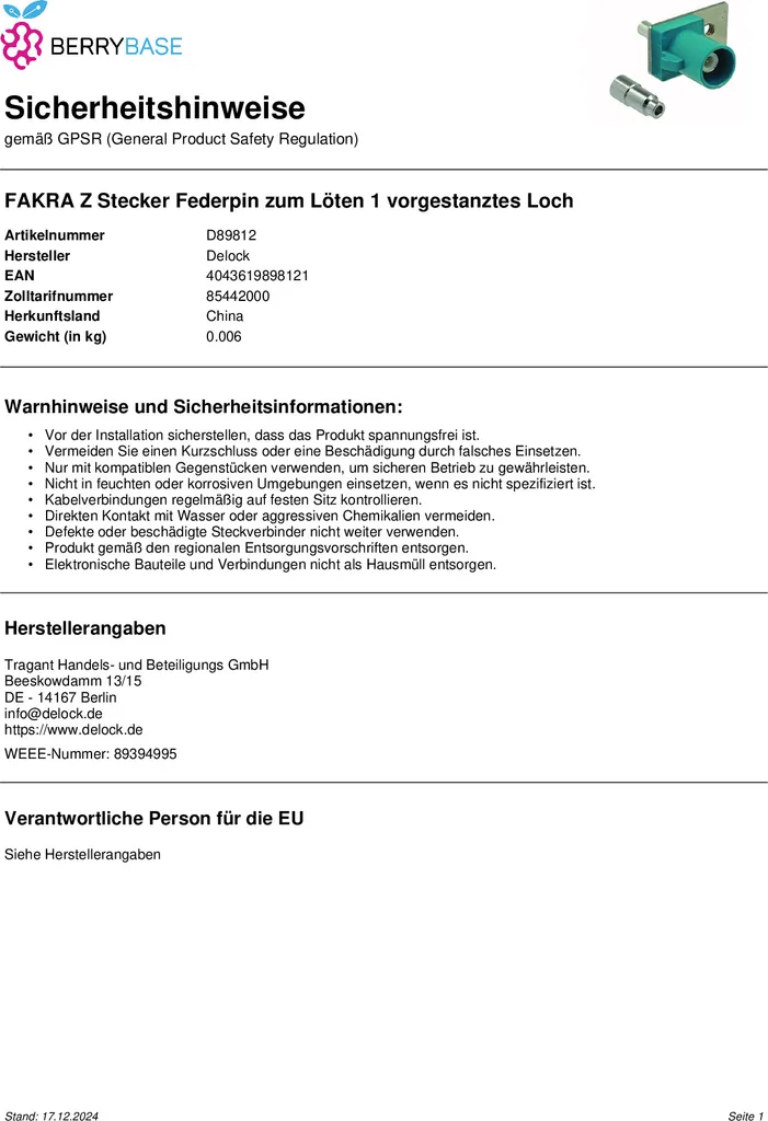 Broche FAKRA Z Delock avec Federpin et Trou Pré-percé pour Soudure de Précision - 4