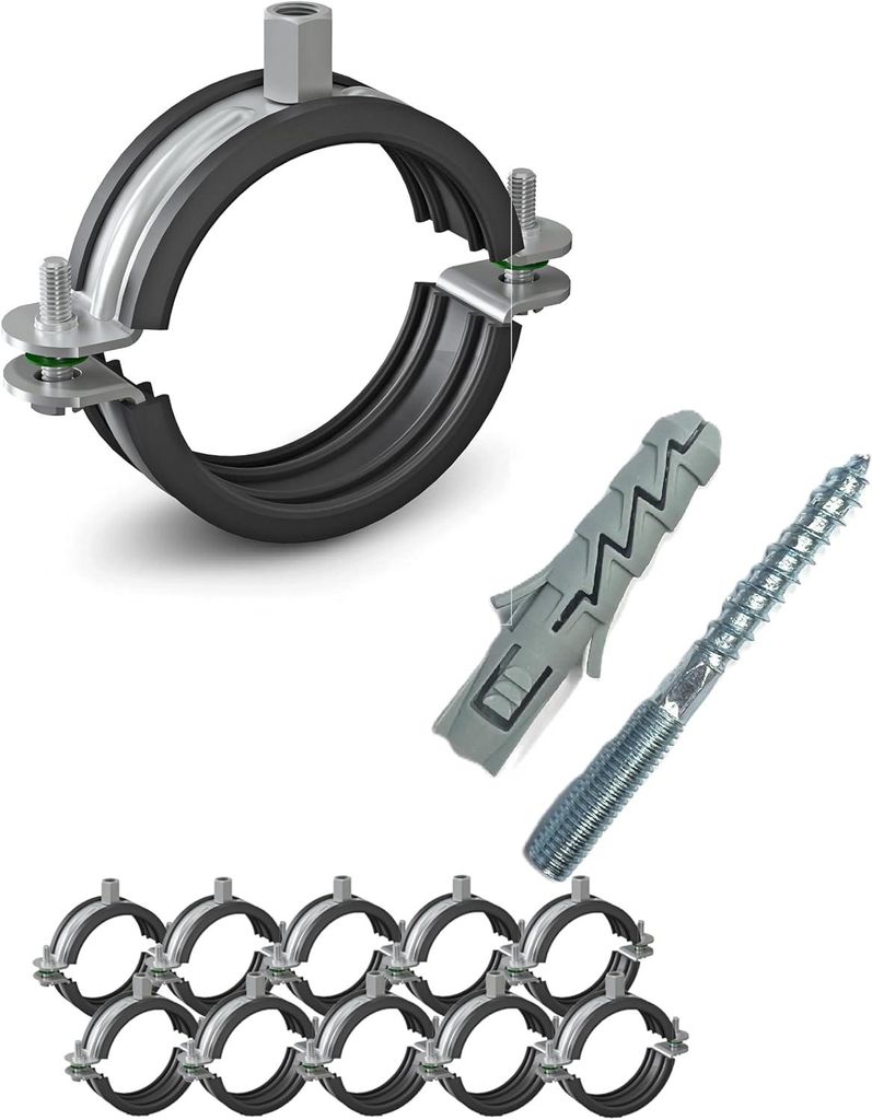 10 Stück Rohrschellen 1/4” 13-16 mm | Rohrschellen Set | Schraubrohrschelle | mit Dübel | Stockschraube | Stahl verzinkt mit Gummidichtung