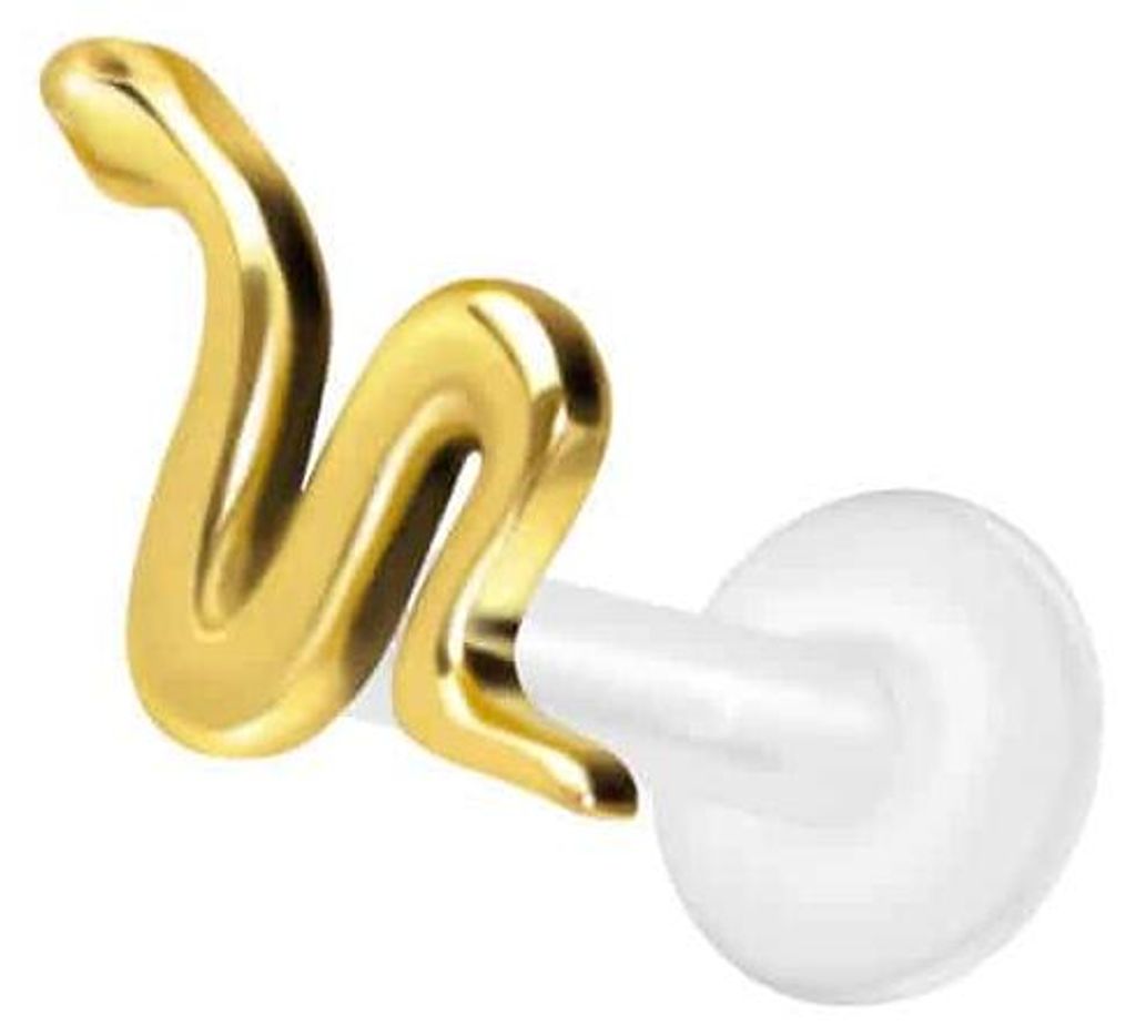 Ohrpiercing, Nasenpiercing PTFE Labret mit Innengewinde + Titan-Aufsatz SCHLANGE Gold Stablänge: 6mm | Stabstärke: 1,6mm