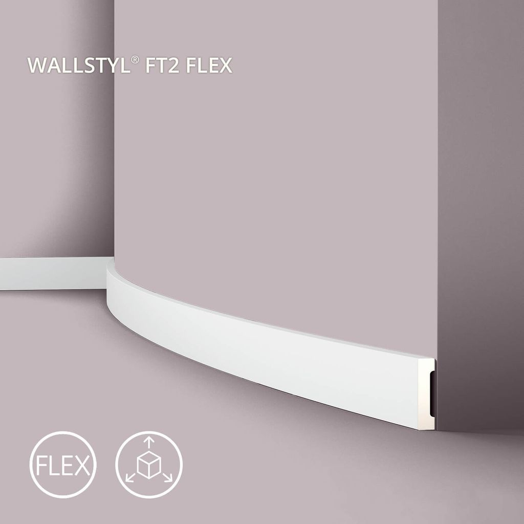 A white flexible skirting board is shown installed on a curved wall, with icons indicating flexibility and 3D dimensions.