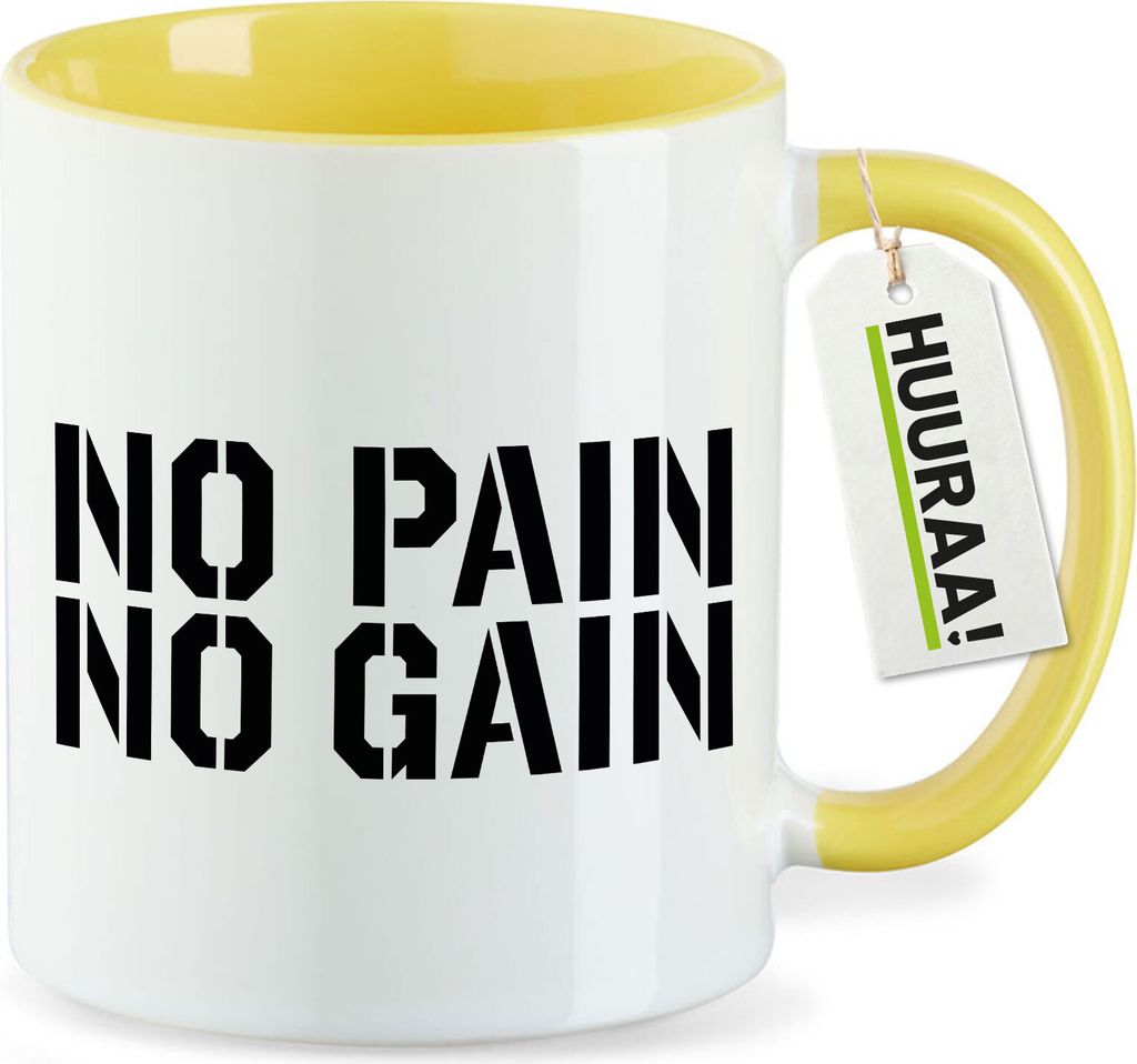 Huuraa Kaffeetasse No pain gain Hantel 330ml Gelb Keramik Kaffeebecher Geschenkidee