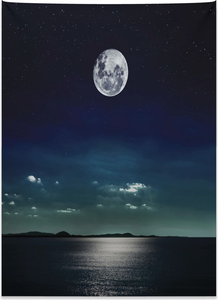 Abakuhaus Ozean Wandteppich, Vollmond im Meer aus Weiches Mikrofaser Stoff Kein Verblassen Klare Farben Waschbar, 110 x 150 cm, Schwarz