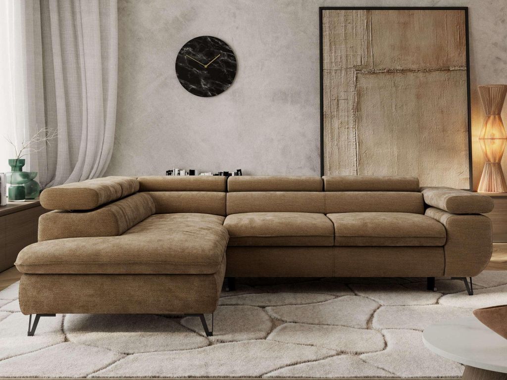 Couch mit Schlaffunktion L-form Ecksofa mit Topper Visco Wohnzimmersofa mit Einstellbare Kopfstützen - PABLO L - Schenille glatt - Braun - Links