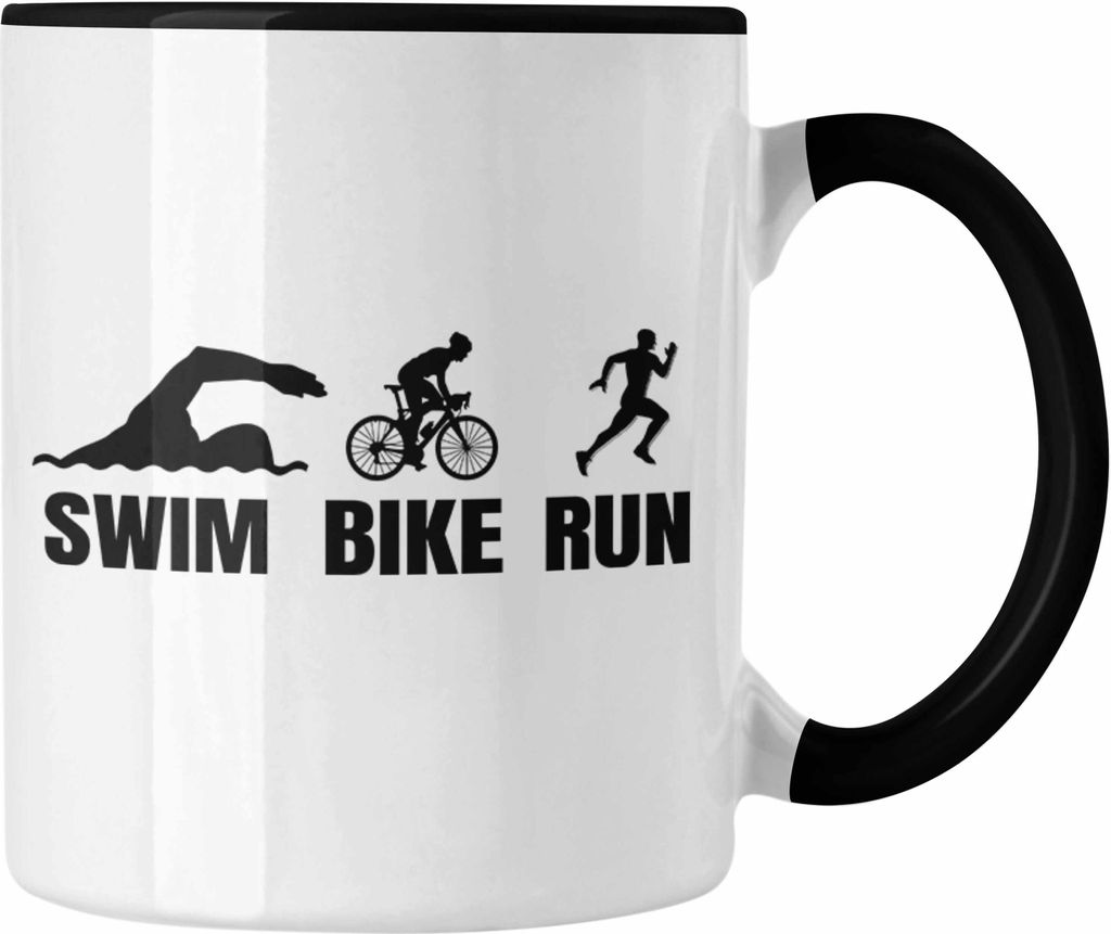 Trendation - Triathlon Tasse Geschenk Spruch für Swim Bike Run Geschenkidee Sportler Kaffeetasse Sprüche (Schwarz)