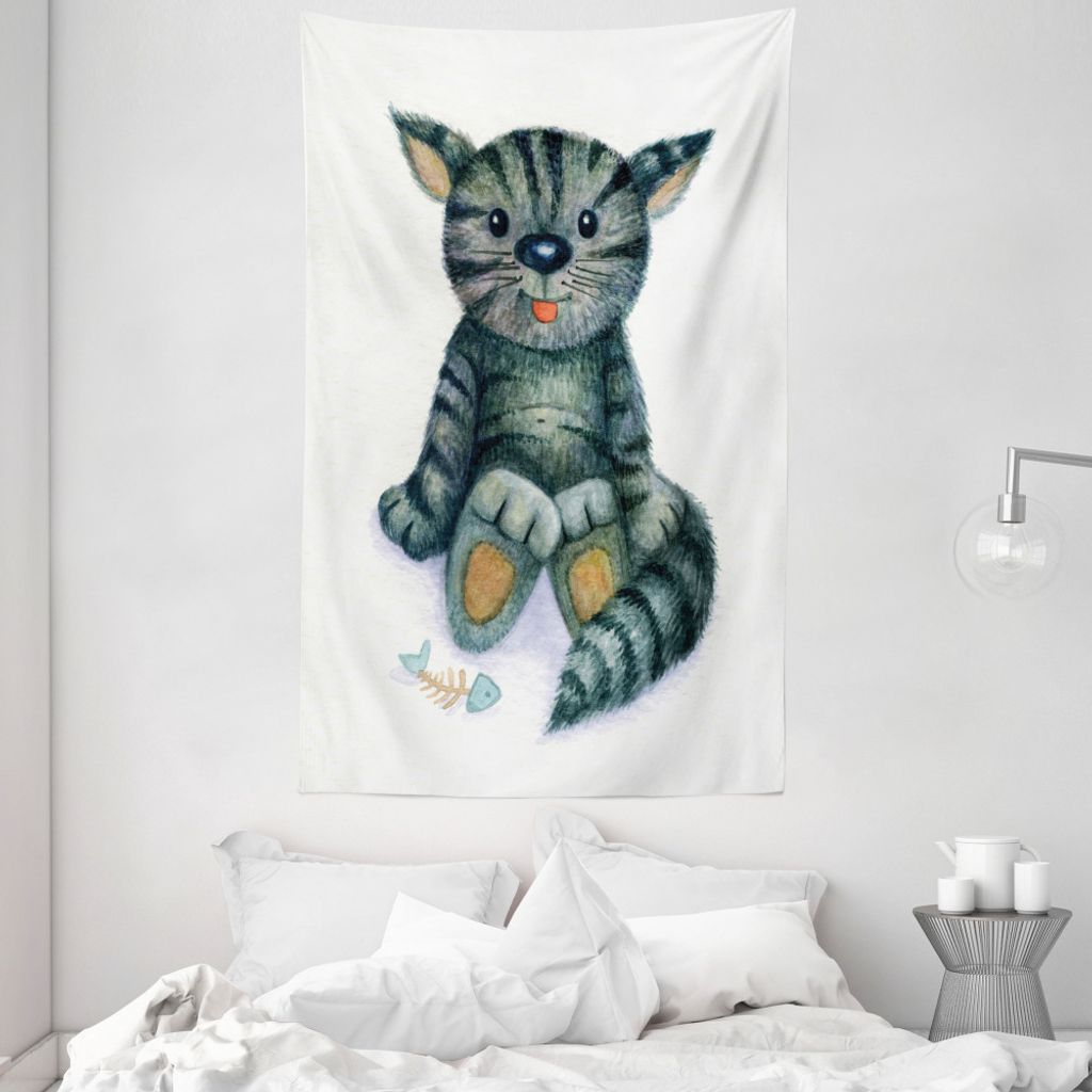 ABAKUHAUS Katze Wandteppich und Tagesdecke, Katzen-Cartoon-Fisch-Skelett aus Weiches Mikrofaser Stoff Waschbar ohne Verblassen Digitaldruck, 140 x ...