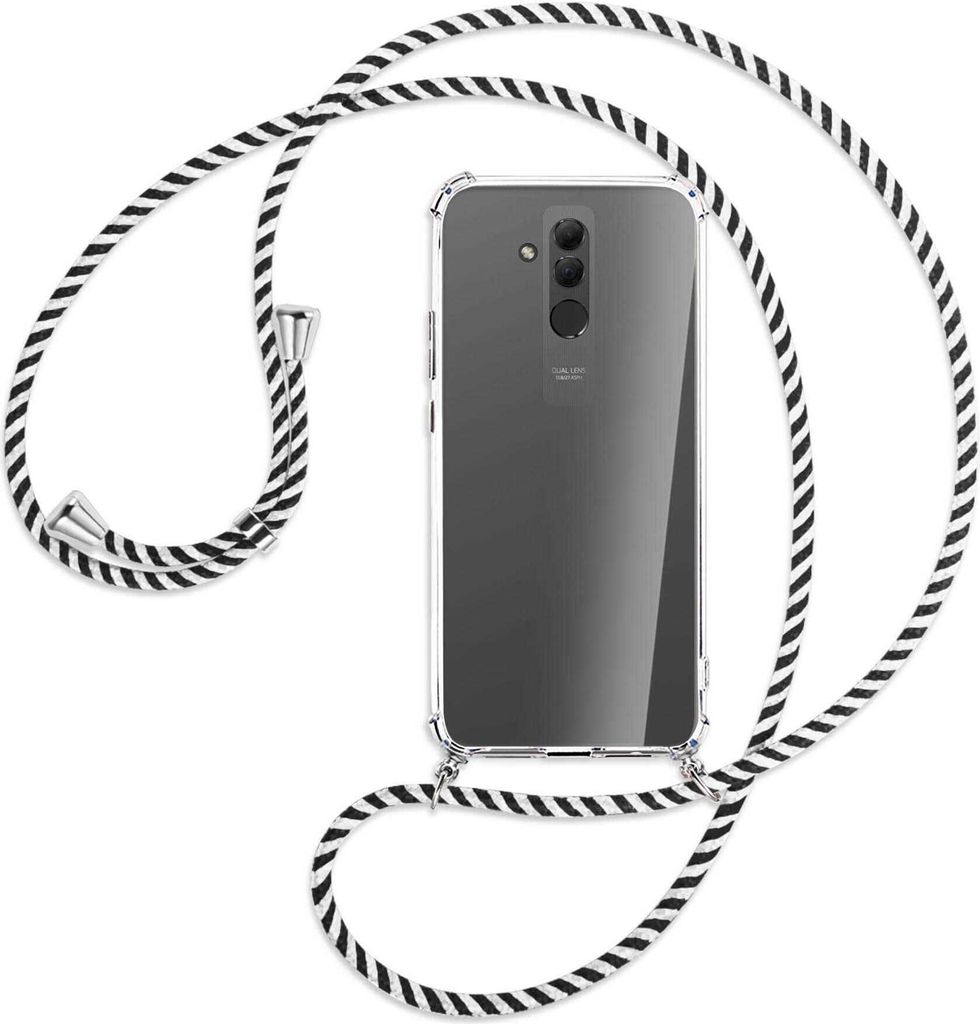 Handykette Backcover-Schutzhülle mit Band (Metall silberfarben) für Huawei Mate 20 lite - schwarz/weiß gestreift