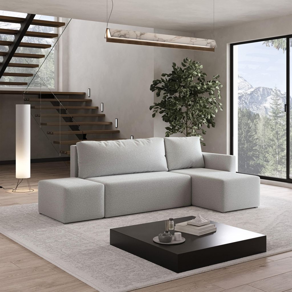 Masseno Ecksofa VELOTTI R-S mit Schlaffunktion L-Form, Sofa mit Bettkasten, Wohnzimmersofa, Couch, Soffa, Bettsofa, Couchgarnitur- Hellgrau, QUELLE 83