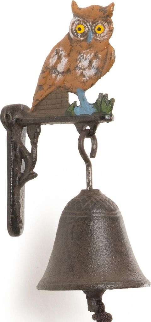 Moritz Türglocke Glocke Eule Uhu Vogel auf Mauer Wandglocke Gartendeko Gusseisen Rustikal Antik Design Stil Retro Klingel