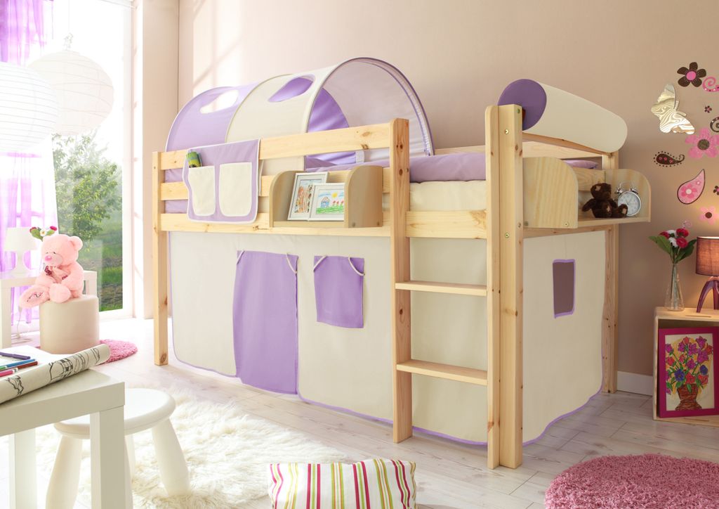 Hochbett "Malte" Kiefer Natur Classic (Beige-Lila)