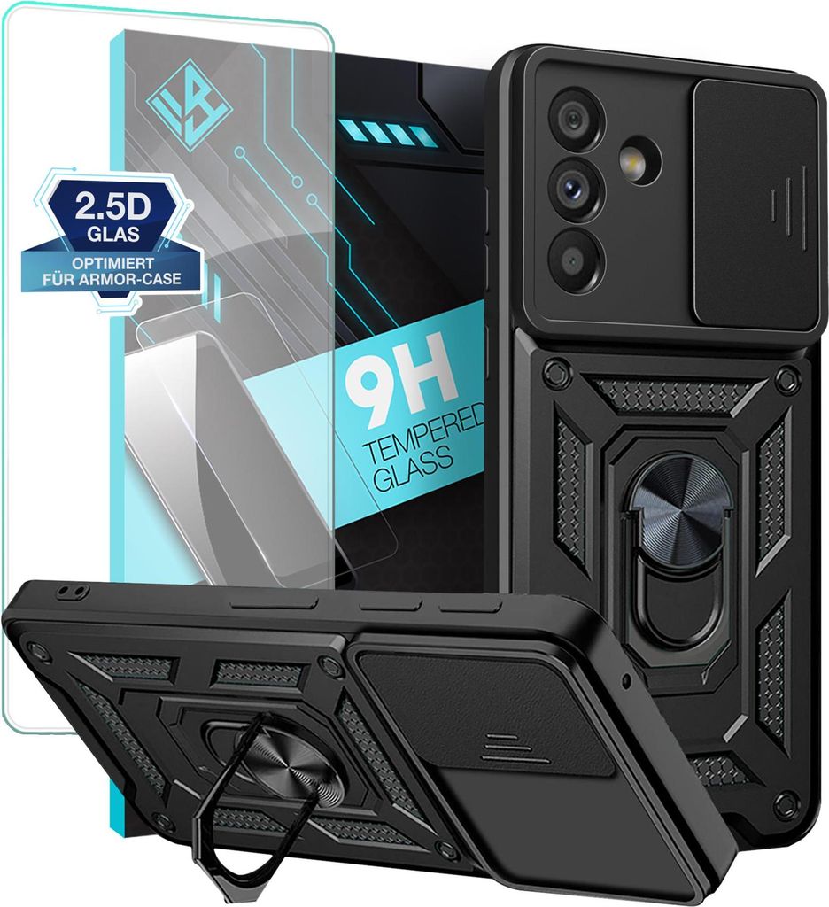 Armor Handyhülle für Samsung Galaxy A57 5G mit 9H Displayglas Displayschutz Kameraschutz Handy Panzer Case Cover Schutzhülle Outdoor Farbe: Schwarz