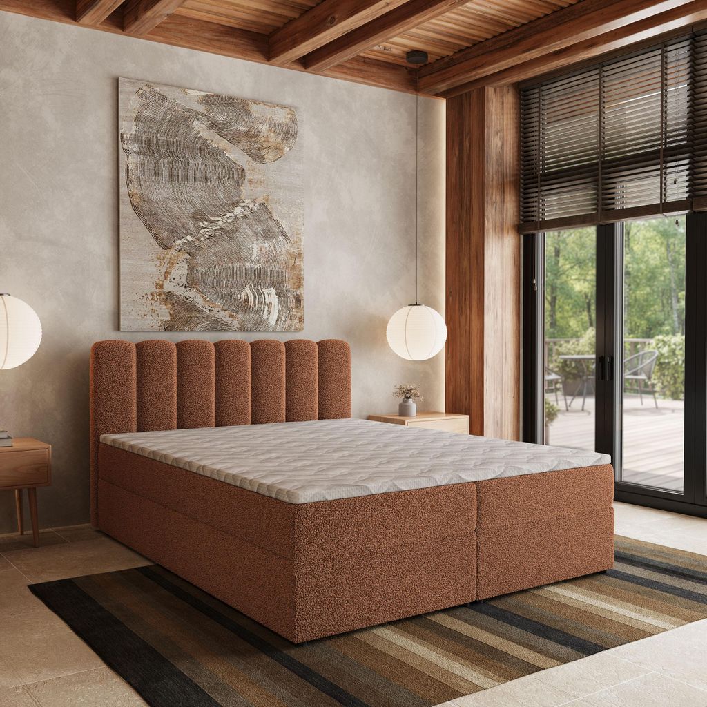 Masseno Boxspringbett SOLIA 180x200 cm Komplett-Set mit Bonell Matratze und Topper, Polsterbett mit Bettkästen -Orange, QUELLE 54