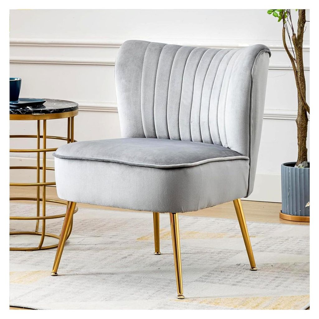 Sessel aus Samt, gepolsterter Einzelsofa mit Metallbeinen, moderner Ohrensessel für Wohnzimmer, Schlafzimmer und Balkon, Grau