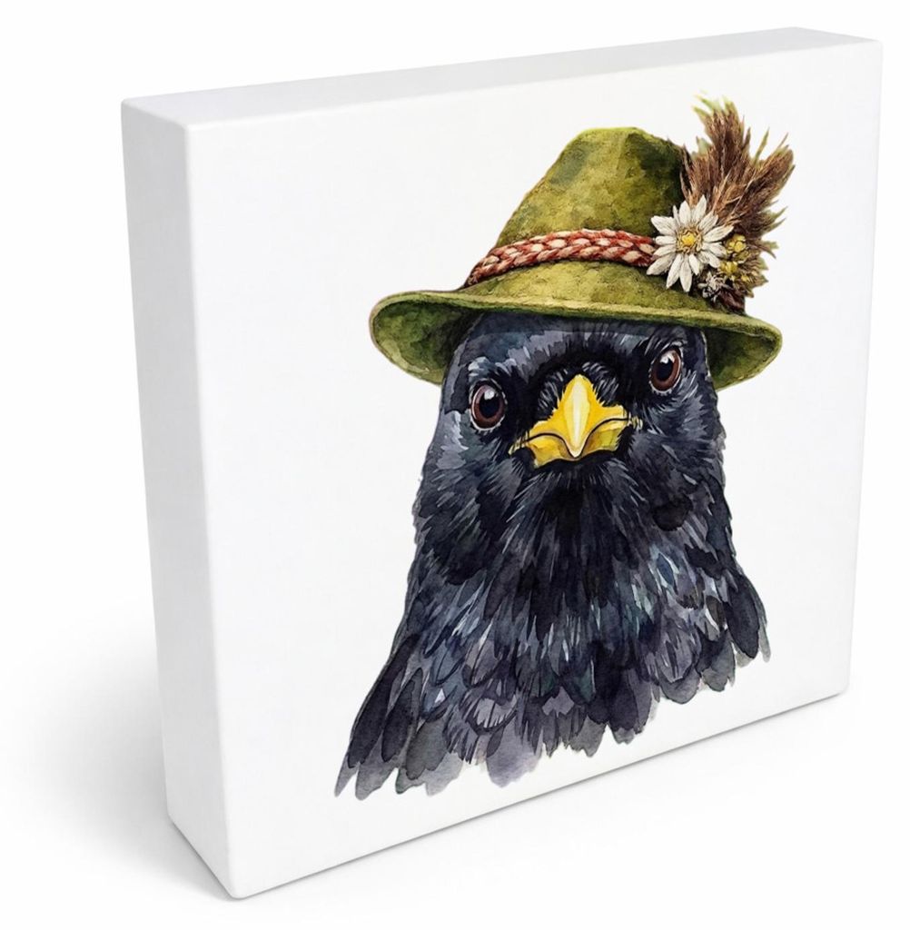 Trachtenhut Feder-Tiere Alpendohle Holzbild in 20x20 cm zum Stellen oder