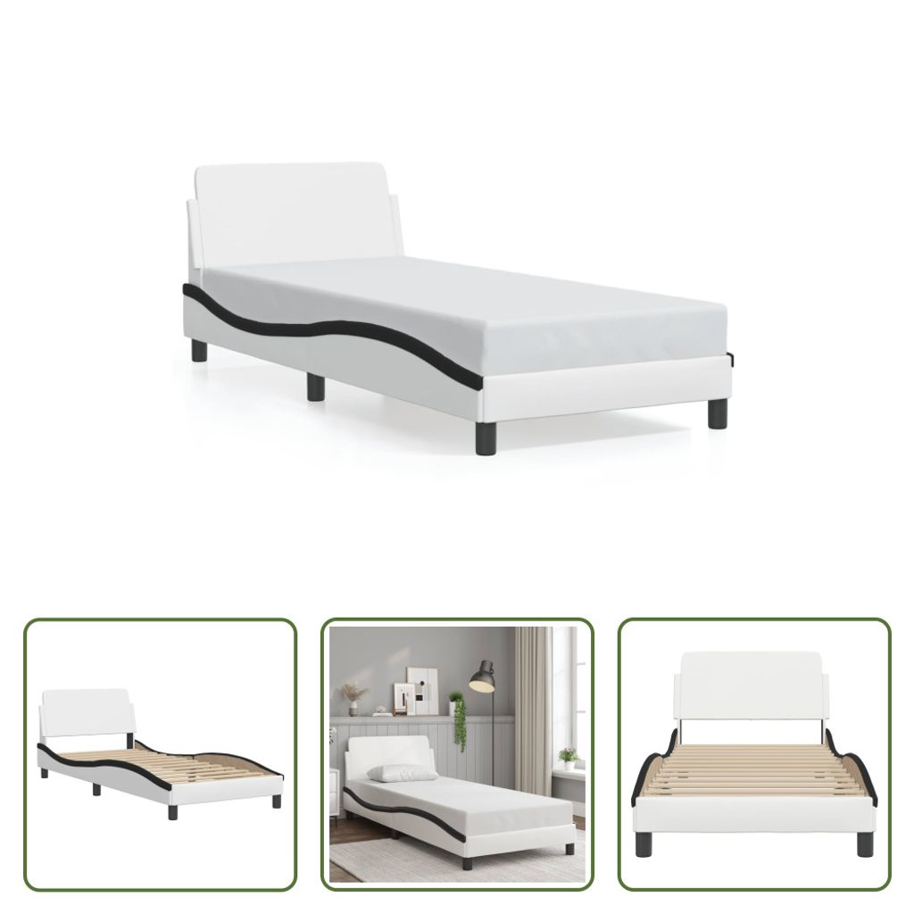 The Living Store Bettgestell mit Kopfteil Weiß und Schwarz 80x200 cm Kunstleder