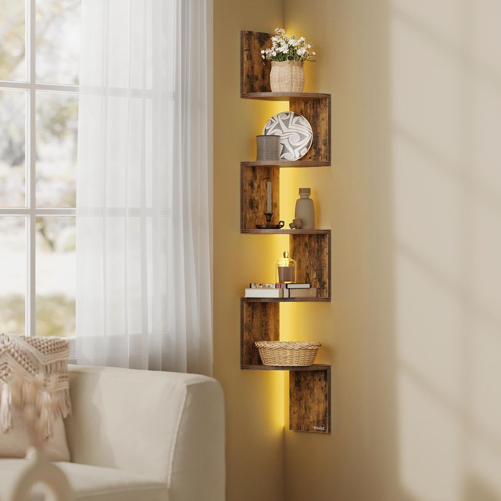 VASAGLE Eckregal mit LED-Beleuchtung, Wandregal 5 Ebenen, Schweberegal für Bücher, Bücherregal, Pflanzenregal für Schlafzimmer, Wohnzimmer, Bad...