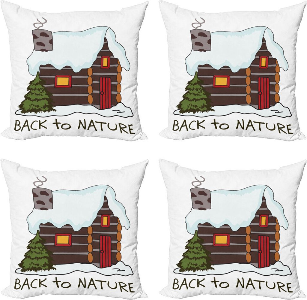 ABAKUHAUS Blockhaus Kissenbezug Set (4 Stück), Gemütliche Snowy Holzhütte, Moderner Doppelseitiger Digitaldruck, 40 cm x 40 cm, weiß Multicolor