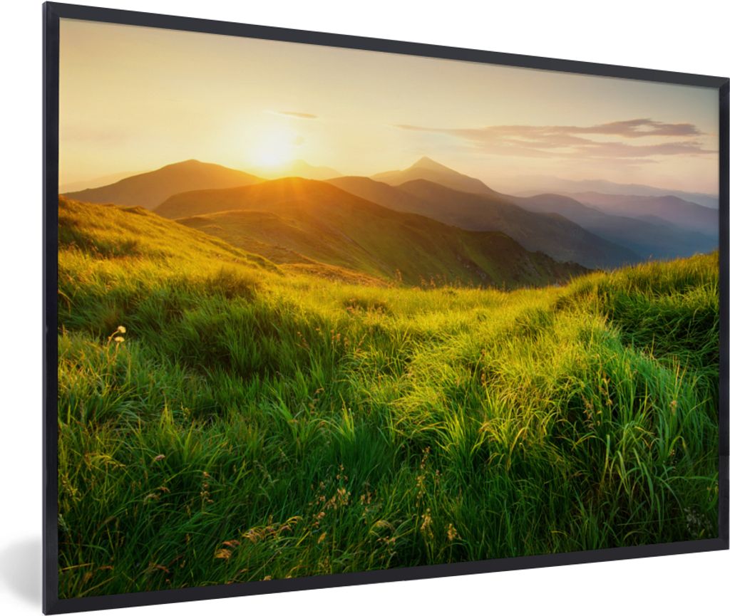 MuchoWow Gerahmtes Poster Gras - Hügel - Sonne - Natur - Landschaft 60x40 cm - Poster mit Schwarzem Bilderrahmen Wandposter Rahmen Foto Bilder -...