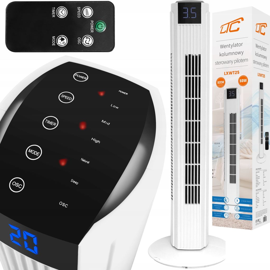 Grosser Säulenventilator Ltc 50W Fernbedienung 3 Stufen Timer Oszillation Weiss