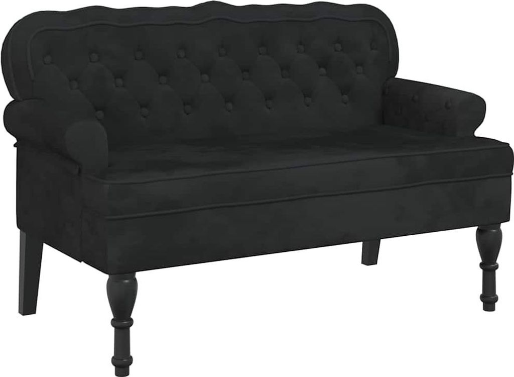 A black velvet sofa with tufted back and rolled arms, shown from a front-side angle against a white background.