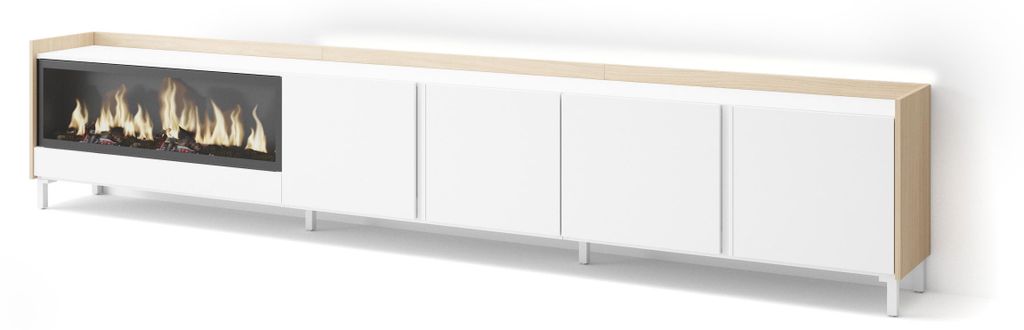 TV-Möbel Holzeffekt weiß und eiche 315x35x61cm Kamin mit Feuereffekt