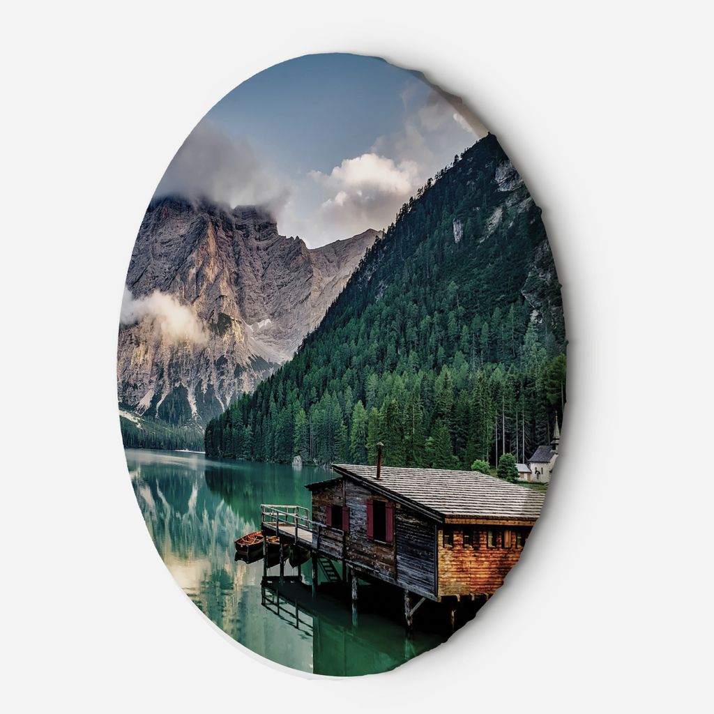 Leinwandbild rund Hütte am See in den Bergen 60x60 Feeby Grün bild für die wand bereit zum aufhängen