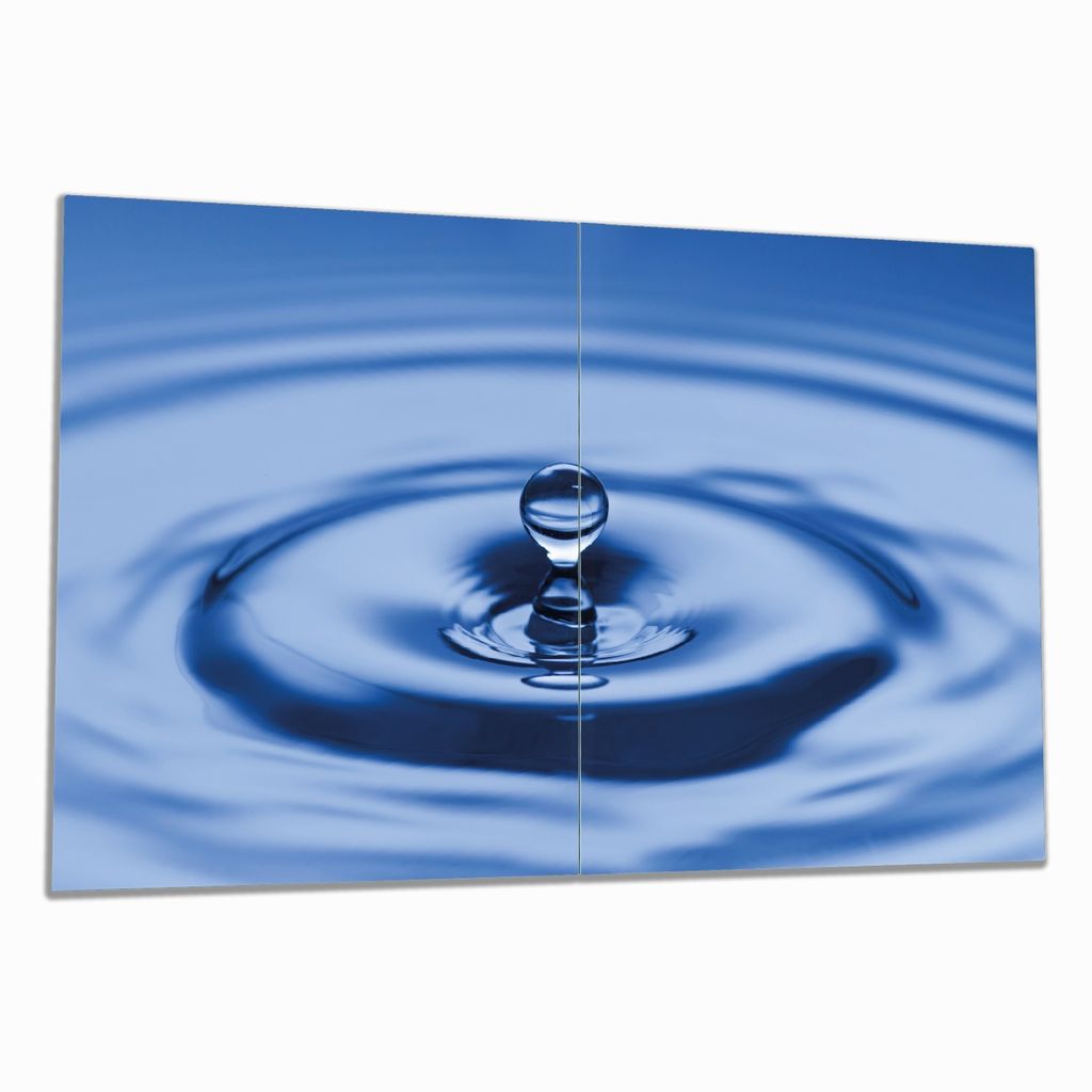 Wallario Herdabdeckplatte aus Glas, Größe 80 x 52 cm 2-teilig, Motiv Wassertropfen im blauen Wasser