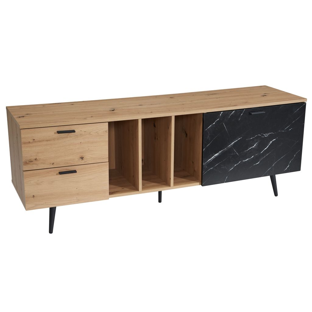 FineBuy Lowboard Eiche-Nachbildung mit Marmor-Look in Schwarz 150x55x40 cm TV-Kommode TV-Schrank Hoch Modern Fernsehtisch Fernsehschrank mit Tür