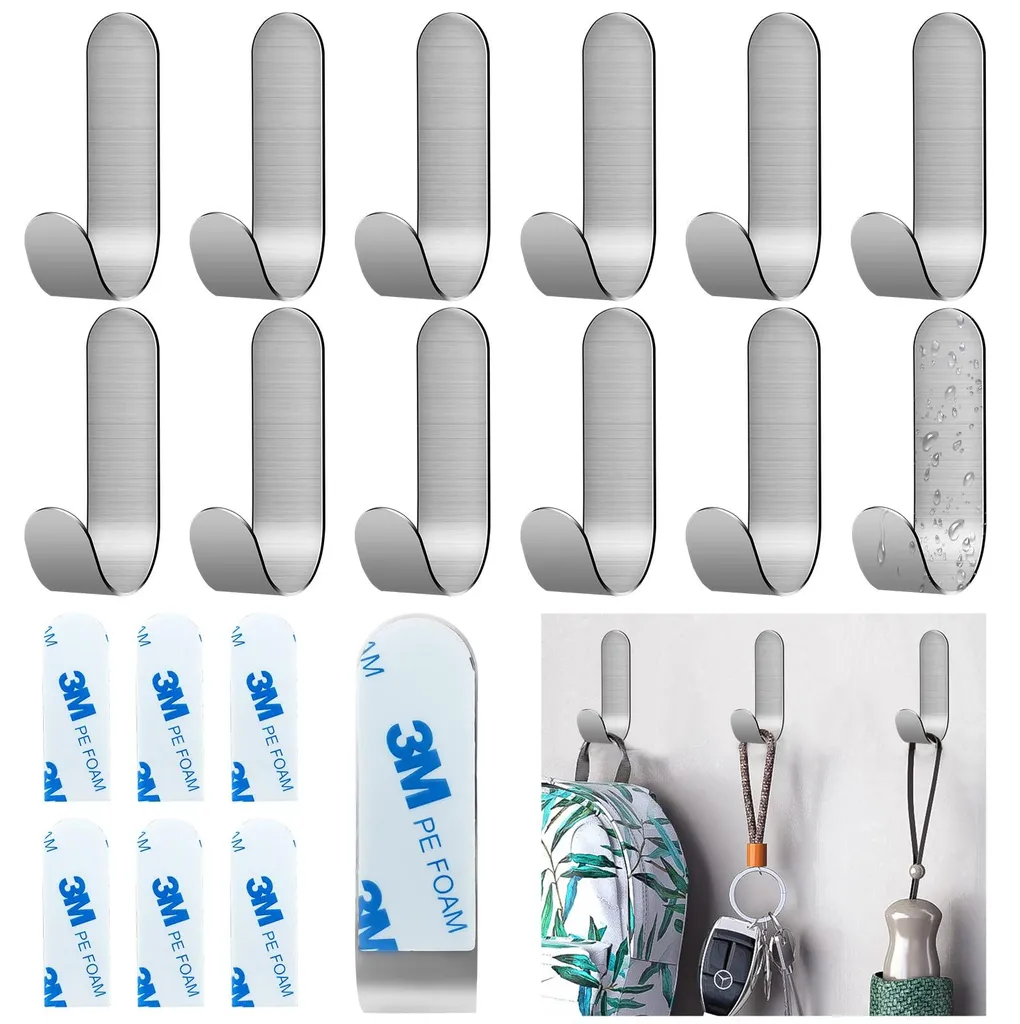 Patères murales autocollantes en inox, lot de 12 crochets multi-usages