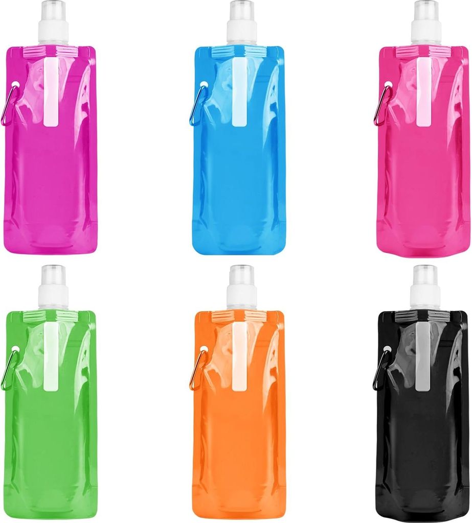 Faltbare Sportflasche 500 ml wiederverwendbar BPA-frei - Flexible Trinkbeutel mit Clip für Outdoor-Sportarten - 6 Stück