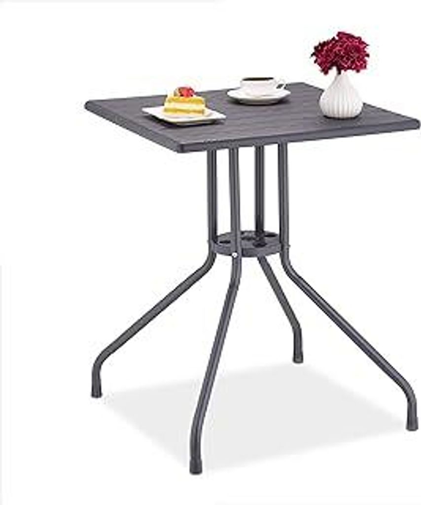 Gartentisch, HBT: 75 x 61 x 61 cm, Balkontisch Holzoptik, Kunststoff, Metall, Terrassentisch quadratisch, grau