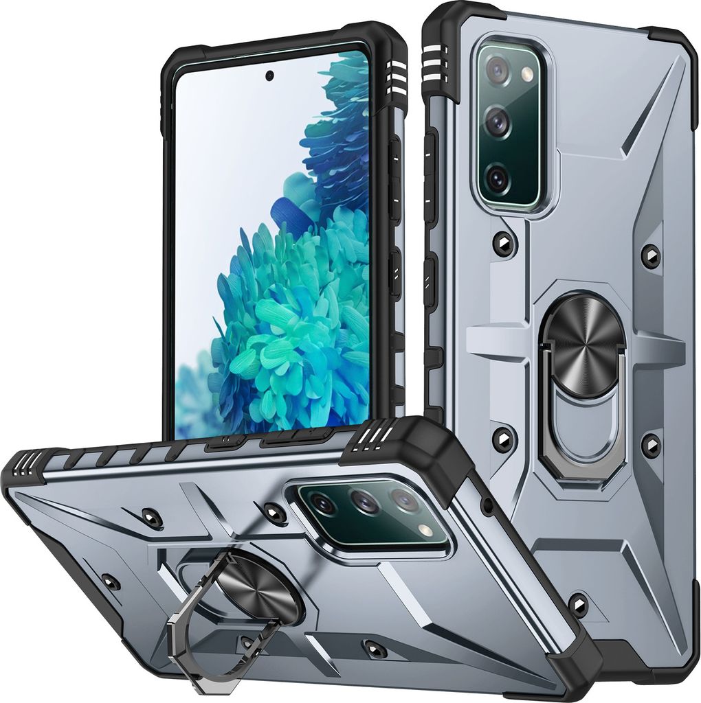 Galaxy S20 FE Hülle, Robuste Rüstung Ring Halter Ständer Dual Layer PC TPU Stoßfest Schutzhülle für Samsung Galaxy S20 FE 5G Grau