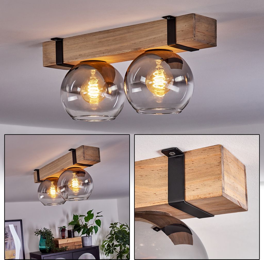 Bollengo Deckenlampe aus Metall/Holz/Glas in Schwarz/Natur/Rauchfarben/Klar