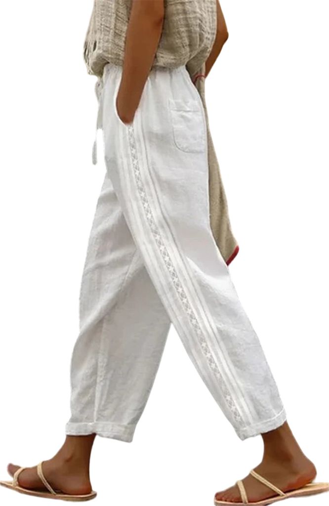 ASKSA Damen Leinenhosen 7/8 Sommer Leicht Leinen Baggy Hosen Freizeithose mit Taschen, Weiss, Groesse: M