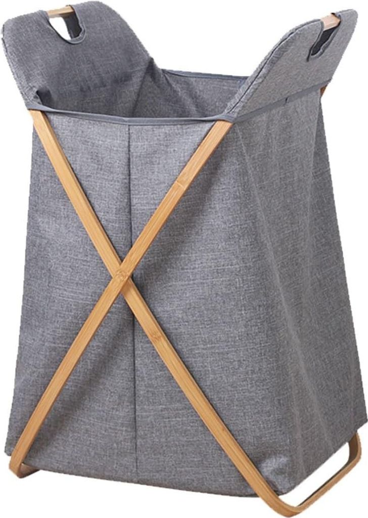 A grey fabric laundry basket with a wooden frame.