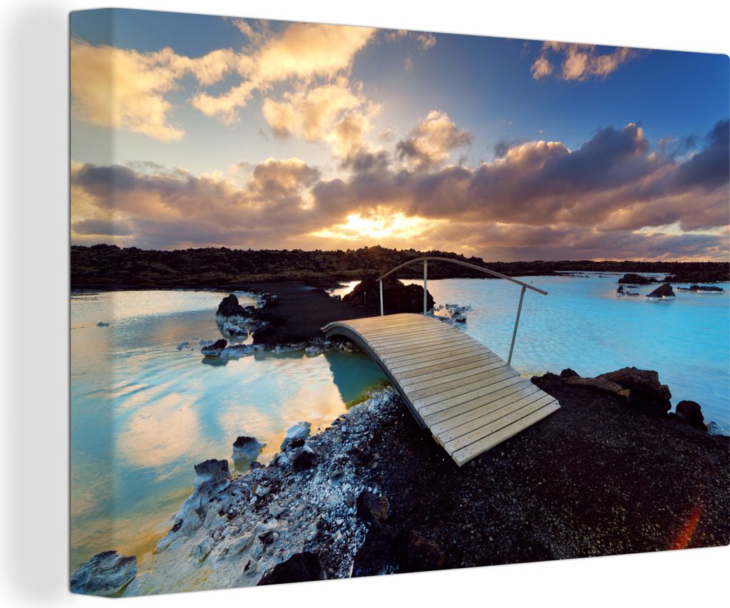OneMillionCanvasses - Leinwandbilder - 120x80 cm, Blaue Lagune bei Sonnenuntergang in Island, Wandbilder Kunstdruck Wanddekoration - Foto auf Lei...
