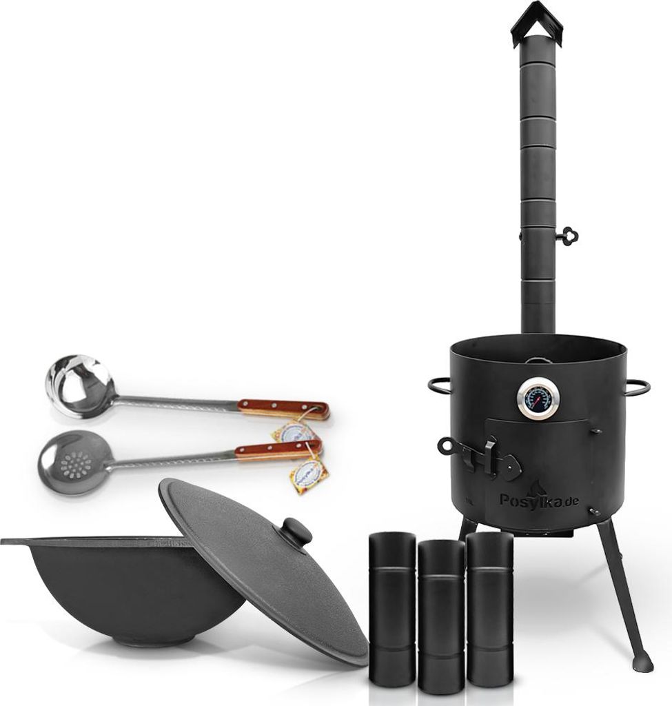 Feuerofen 36 cm 2 mm Stahl Utschak Uchag mit Usbekische Kazan 10 L Schaumlöffel