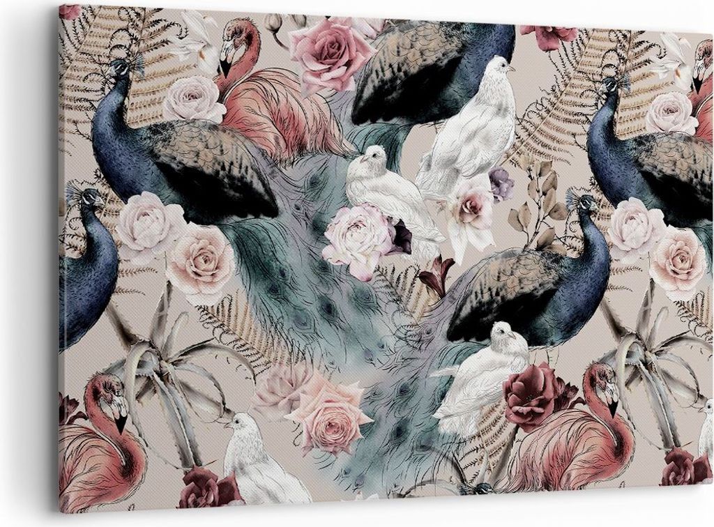 Bild auf Leinwand - Leinwandbild - Einteilig - Pfauen Squab Flamingos - 120x80cm - Wand Bild - Wanddeko - Wandbilder - Leinwanddruck - Bilder - Wan...