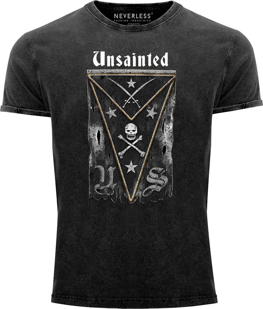 Herren Vintage Shirt Totenkopf Piratenflagge Aufschrift Unsainted Printshirt T-Shirt Aufdruck Used Look Slim Fit Neverless schwarz L