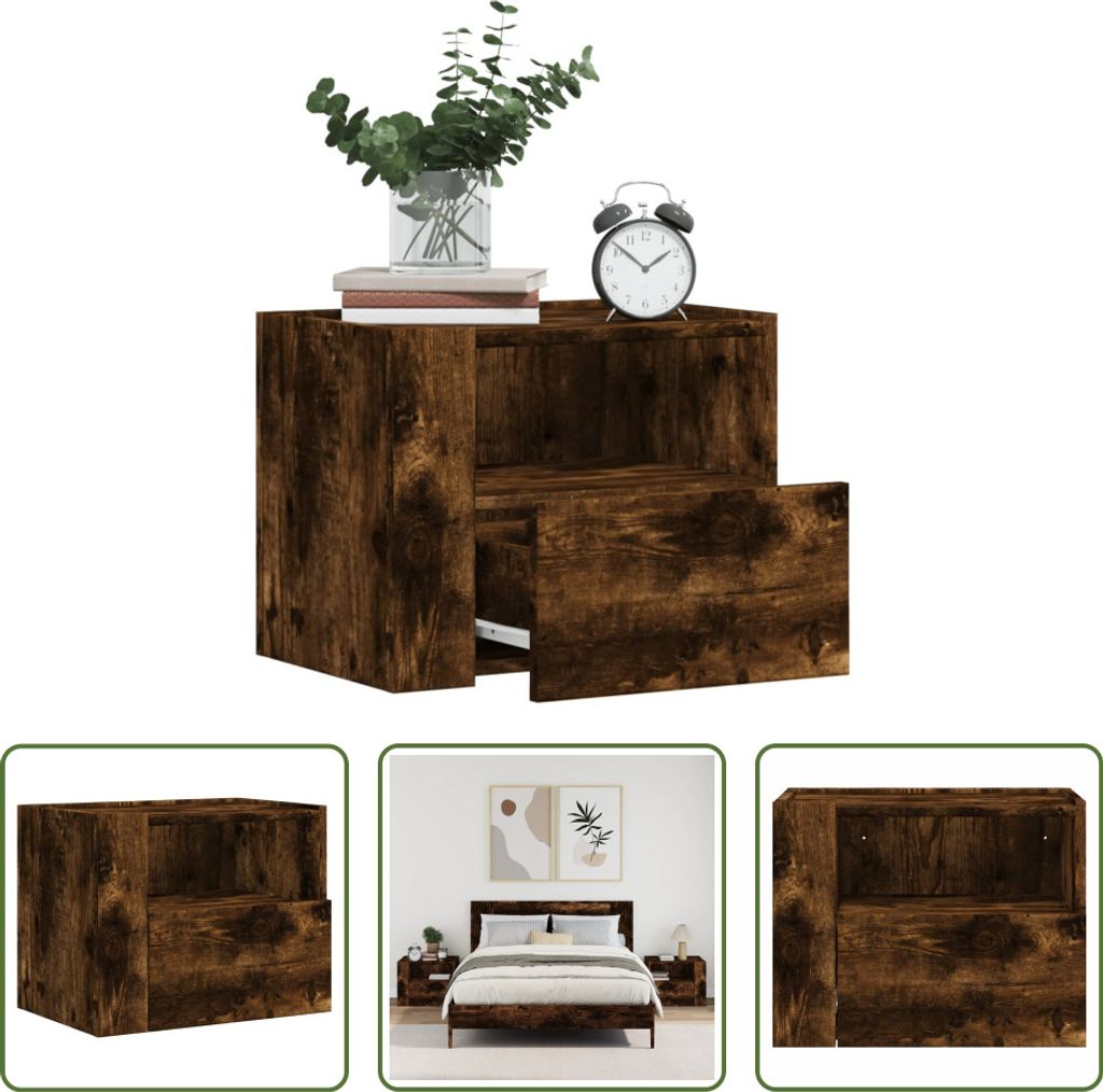 The Living Store Wand-Nachttische 2 Stk. Räuchereiche 45x30x35 cm