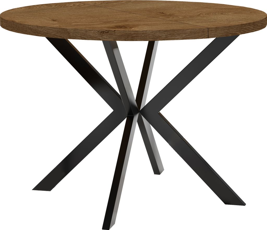 Runder Ausziehbarer Tisch für Esszimmer, ENDIK, mit Metallbeinen, Loft-Stil, Industriel, Durchmesser: 110 / 210 cm, Farbe: Eiche Lefkas / Schwarz