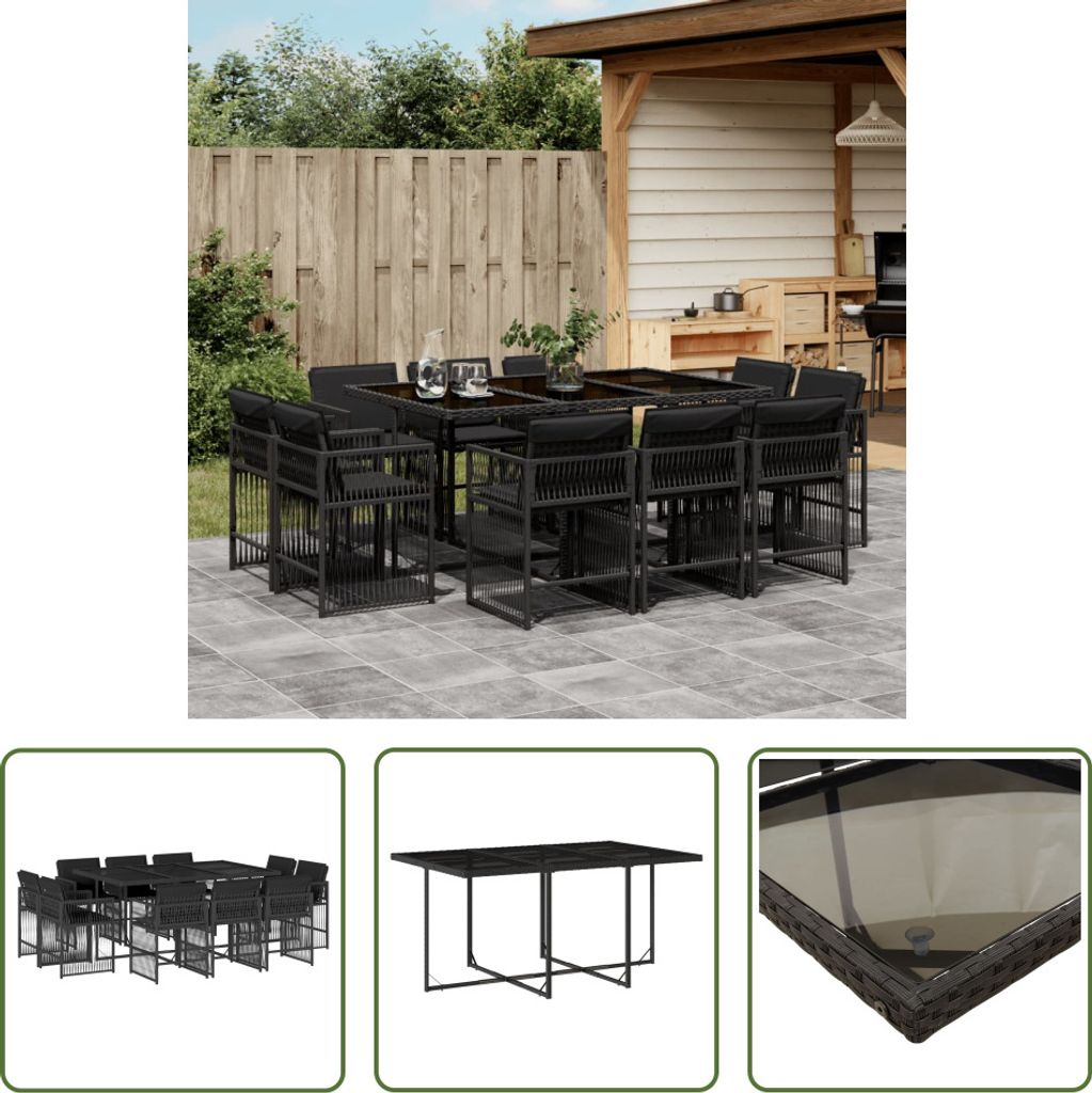 The Living Store 11-tlg. Garten-Essgruppe mit Kissen Schwarz Poly Rattan