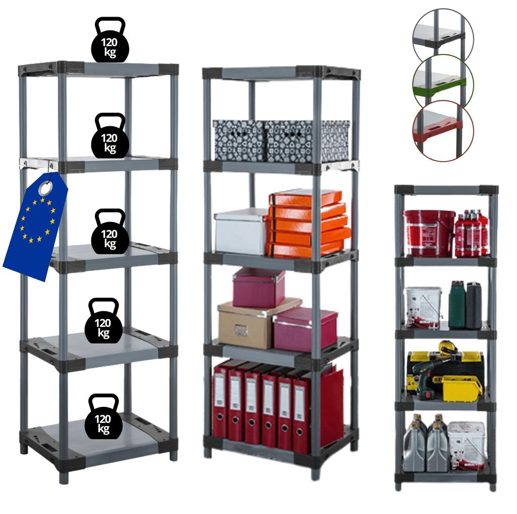 MODO24 Kunststoffregal, 5 Ablagen, 120kg/Boden, Schwerlast, Steckregal, Lagerregal, Plastikregal, Werkstatt, 180x80x46?cm, Grau, JUPITER