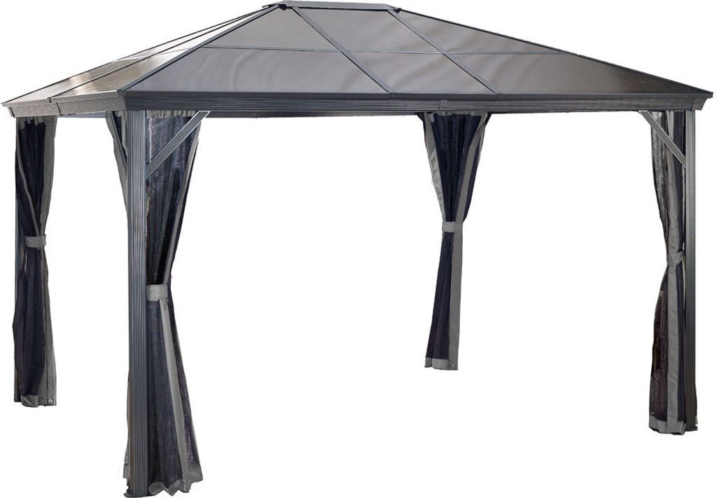 A gray gazebo with dark gray curtains, isolated on a white background.