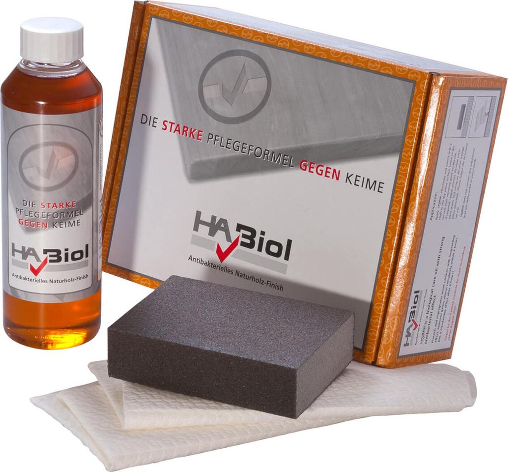 HABiol Pflegeset für Holz Arbeitsplatten Holzpflegeöl 250ml inkl. Schleifklotz und Ölsaugtücher