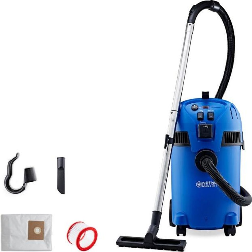 A blue Nilfisk wet and dry vacuum cleaner with accessories, displayed on a white background.