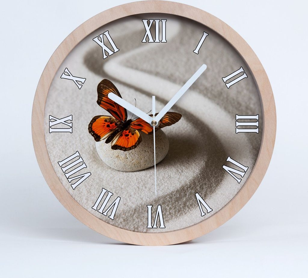Holzuhr 30fi cm wanduhr - weiße Spitzen - Zen Stein und Schmetterling