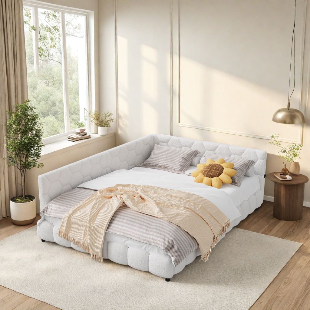 Polsterbett Doppelbett 140 x 200 cm mit USB-Ladeanschluss und LED-Beleuchtung für Jugendliche Erwachsene Weiß