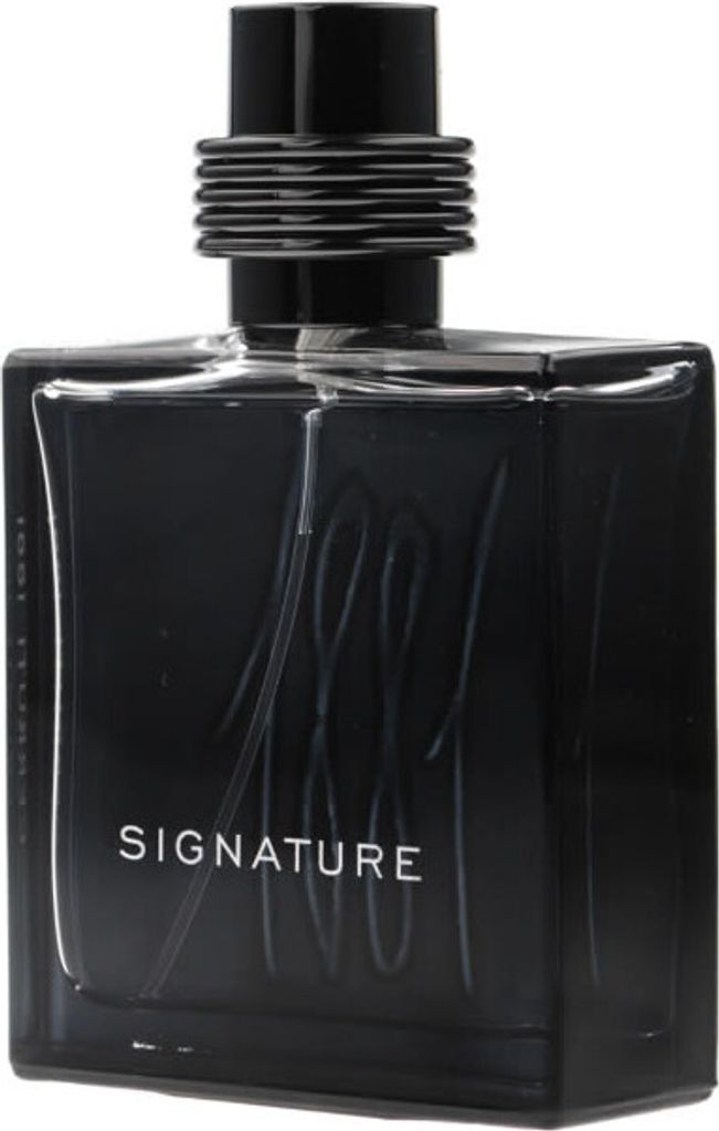 A black perfume bottle with the word "SIGNATURE" printed on it.
