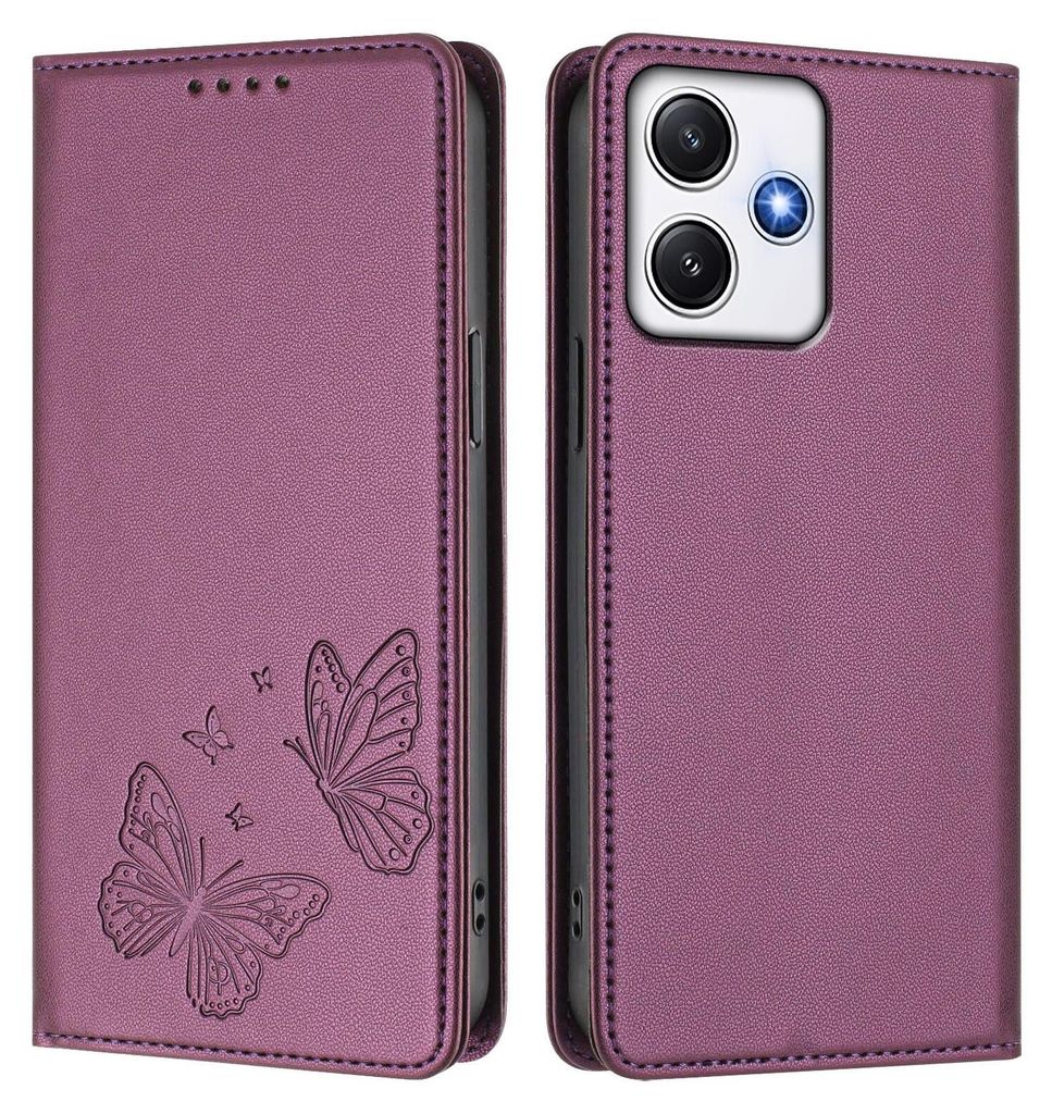 Lederhülle für Xiaomi Poco M6 Pro 5G/Redmi 12 4G/5G, Schmetterling Prägung Leder Brieftasche Schutzhülle mit Ständer Lila