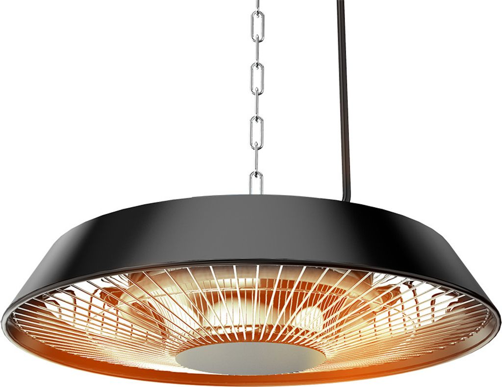 A black ceiling heater with a gold-colored grate and heating elements, suspended by a silver chain against a white background.